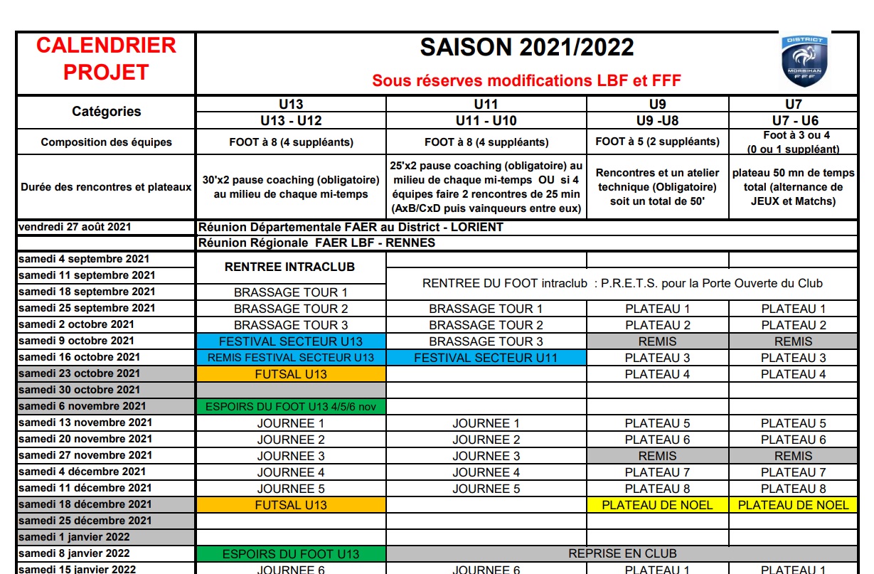 Calendrier U13/U12 – 2021/2022